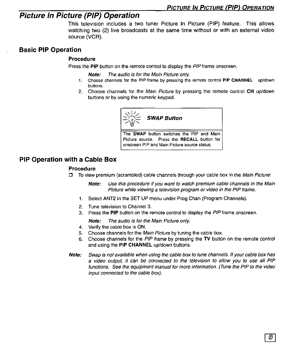 Basic pip operation, Procedure, Pip operation with a cable box | Picture in picture (pip) operation, Ipip) o | Panasonic PT 51SX60 User Manual | Page 11 / 48