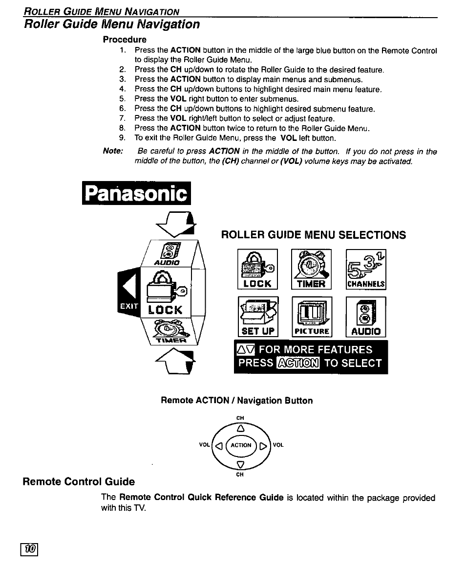 Procedure, Roller guide menu selections, Remote action / navigation button | Remote control guide, Panasonic, Roller guide menu navigation, Lock timer set up, Audio ^ for more features press №tii;e;tji | Panasonic PT 51SX60 User Manual | Page 12 / 48