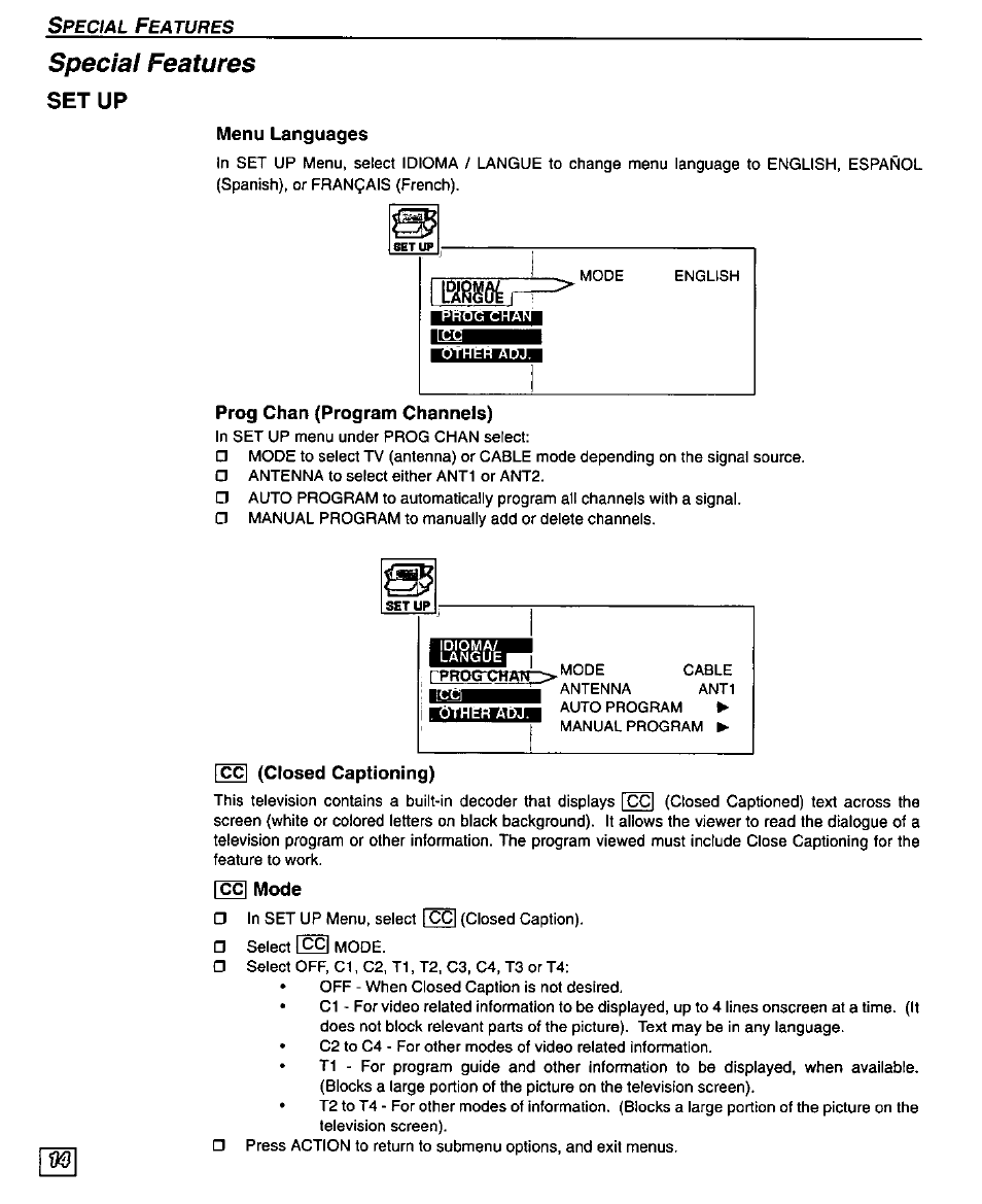 Setup, Menu languages, Prog chan (program channels) | Cc| (closed captioning), Closed captioning, Special features | Panasonic PT 51SX60 User Manual | Page 16 / 48