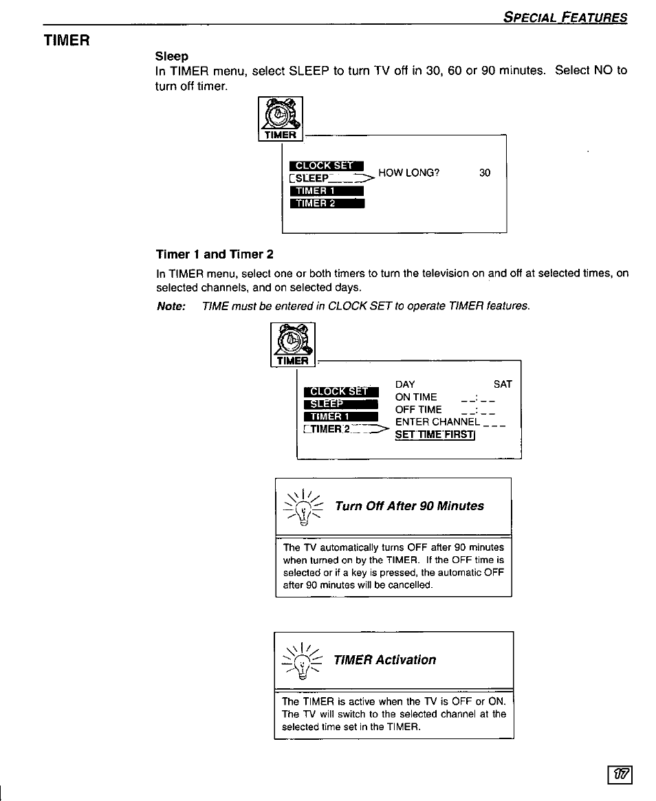 Timer, Sleep, Timer 1 and timer 2 | Timer 1 and 2 | Panasonic PT 51SX60 User Manual | Page 19 / 48
