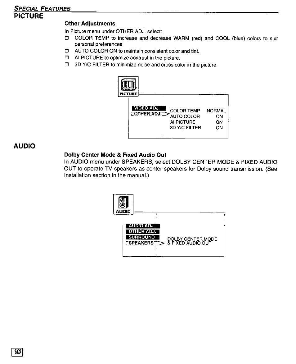 Picture, Audio, Other adjustments | Dolby center mode & fixed audio out, Picture adjustments, Picture audio | Panasonic PT 51SX60 User Manual | Page 20 / 48