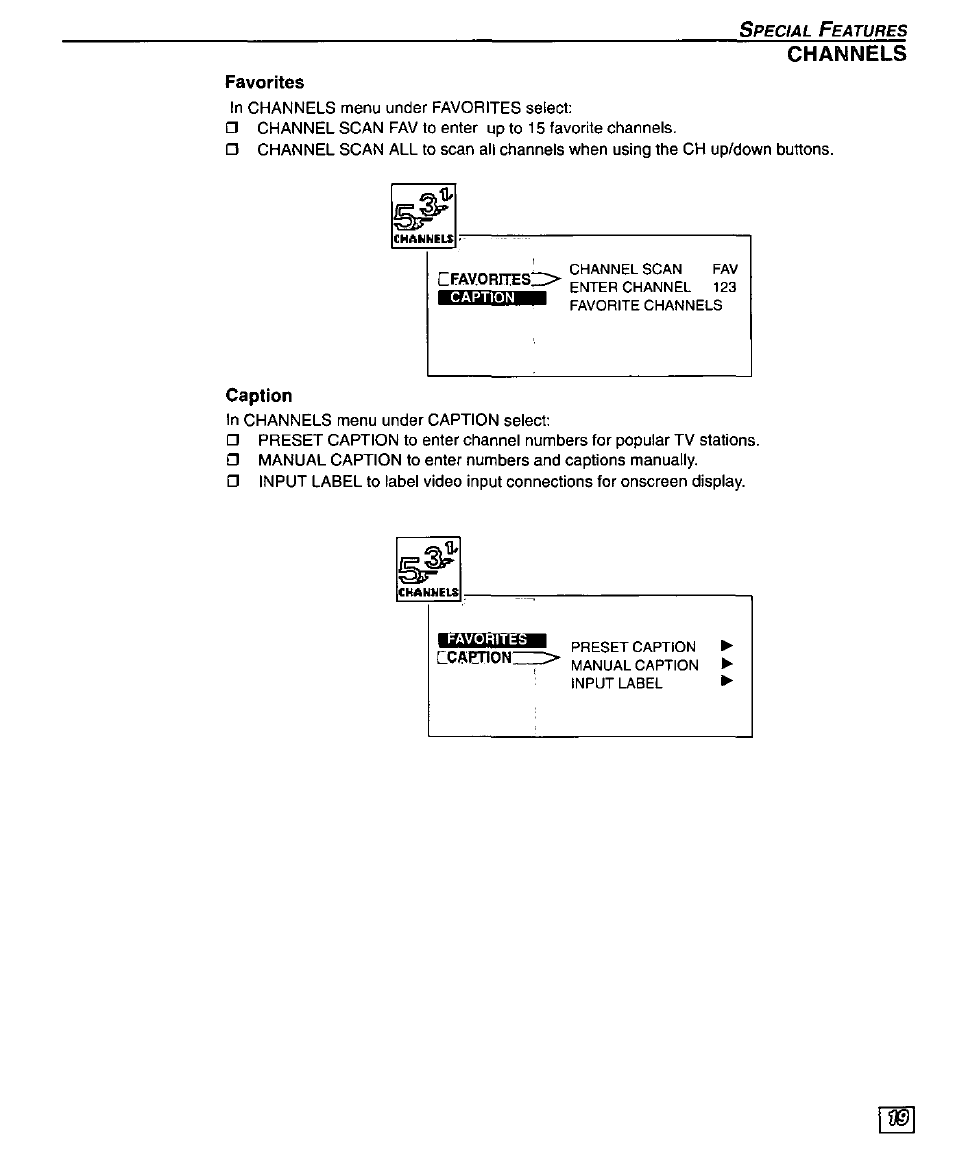 Channels, Favorites, Caption | Panasonic PT 51SX60 User Manual | Page 21 / 48