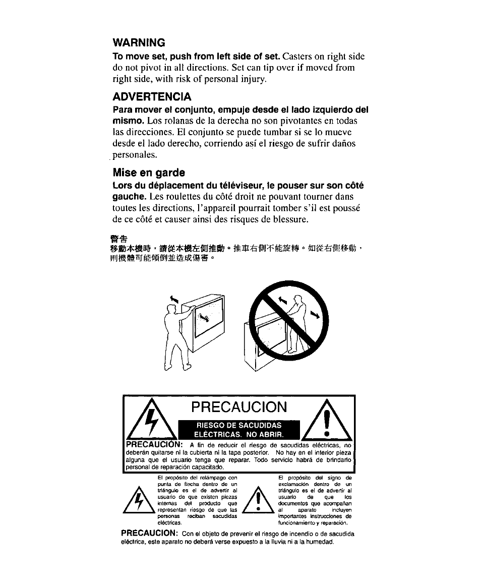 Warning, Advertencia, Mise en garde | Precaucion | Panasonic PT 51SX60 User Manual | Page 26 / 48