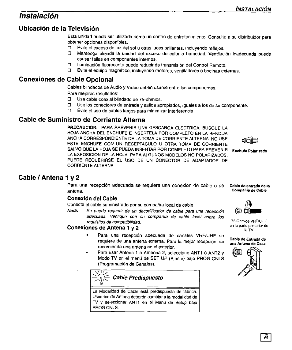 Ubicación de la televisión, Conexiones de cable opcional, Cable de suministro de corriente alterna | Cable / antena 1 y 2, Conexión del cable, Conexiones de antena 1 y 2, Conexiones de equipo opcional, Instalación | Panasonic PT 51SX60 User Manual | Page 29 / 48