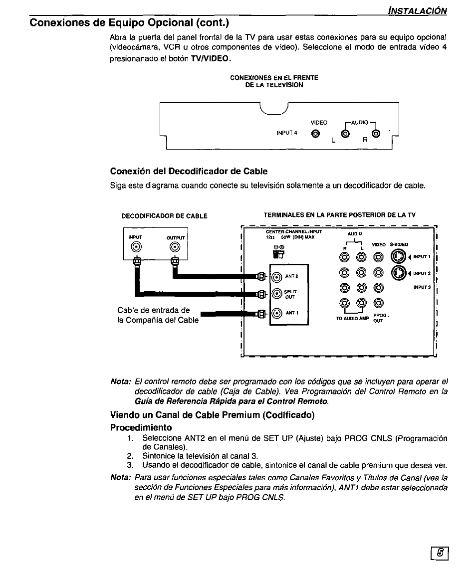 Conexiones de equipo opcional (cont.), Conexión del decodificador de cable, Viendo un canal de cable premium (codificado) | Procedimiento | Panasonic PT 51SX60 User Manual | Page 31 / 48