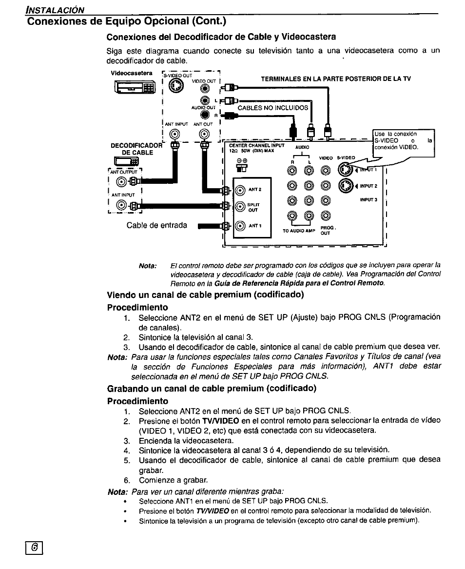Conexiones de equipo opcional (cont.), Procedimiento, Grabando un canal de cable premium (codificado) | Panasonic PT 51SX60 User Manual | Page 32 / 48