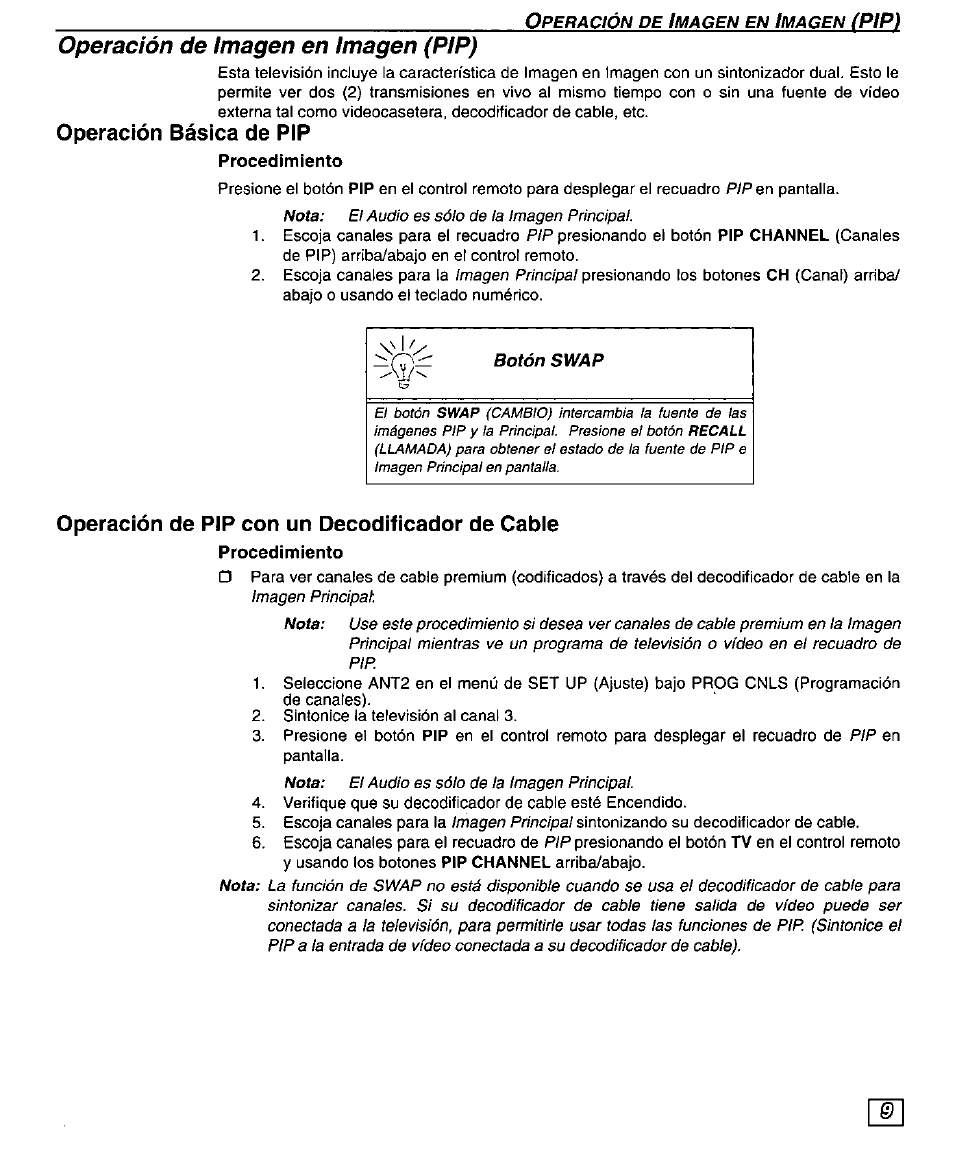 Operación básica de pip, Procedimiento, Operación de pip con un decodificador de cable | Operación de imagen en imagen (pip) | Panasonic PT 51SX60 User Manual | Page 35 / 48