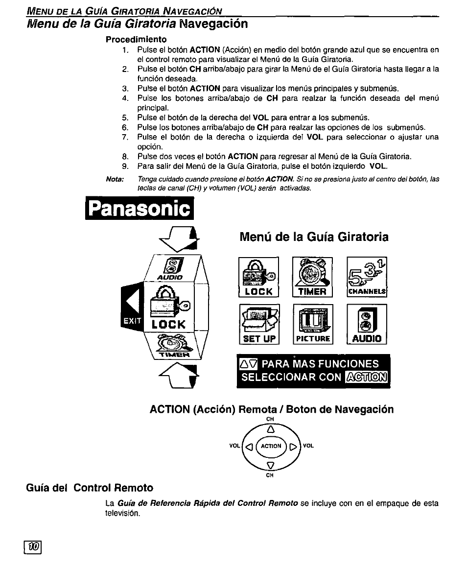 Procedimiento, Menú de la guía giratoria, Fssñ para mas funciones seleccionar con (bmìsì | Action (acción) remota / boton de navegación, Guía del control remoto, Panasonic, Menu de ¡a gufa giratoria, Fssñ | Panasonic PT 51SX60 User Manual | Page 36 / 48