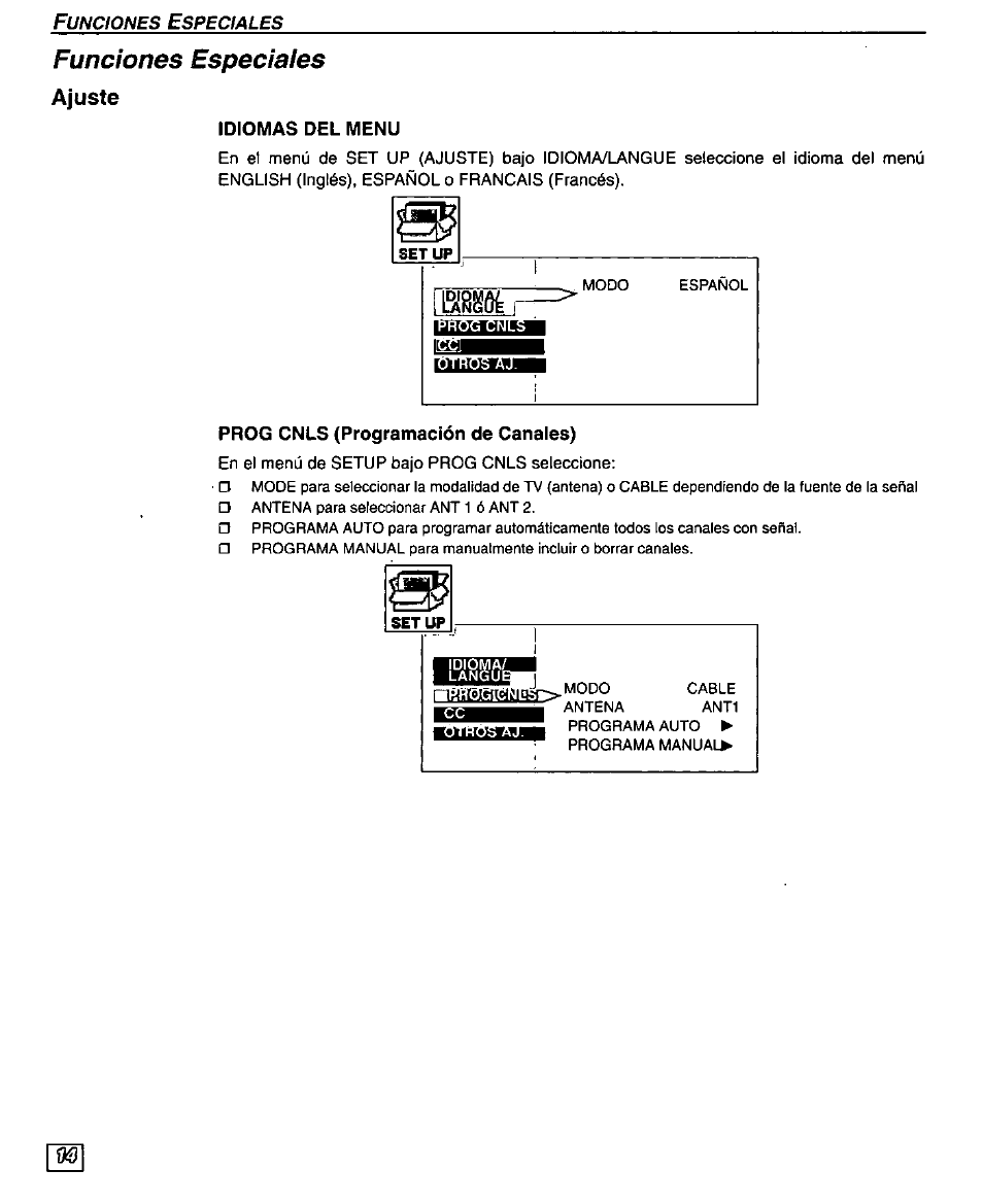 Ajuste, Idiomas del menu, Prog cnls (programación de canales) | Idiomas del menú, Funciones especiales | Panasonic PT 51SX60 User Manual | Page 40 / 48