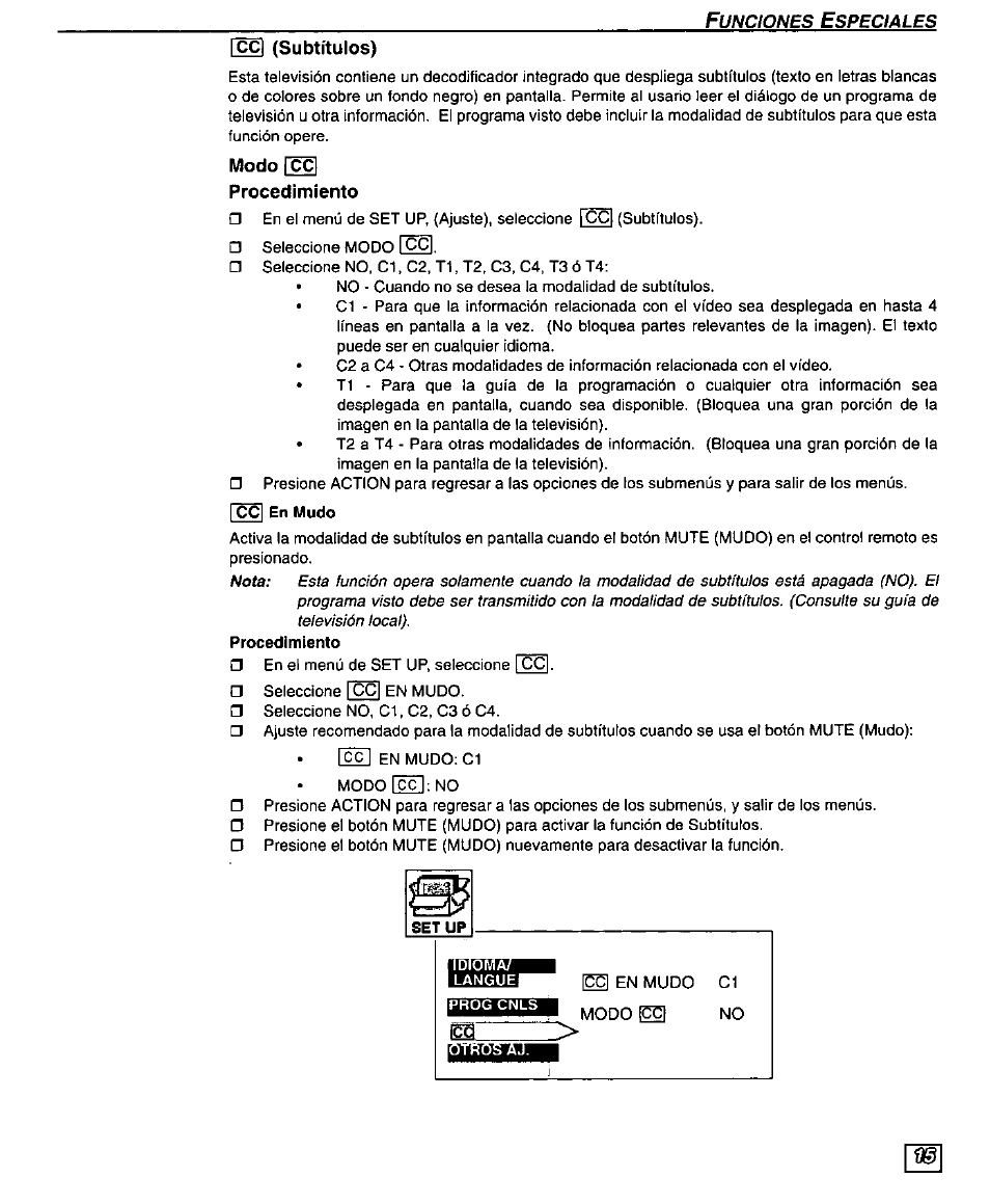 Cc] (subtítulos), Modo |cc, Procedimiento | Fccl en mudo | Panasonic PT 51SX60 User Manual | Page 41 / 48