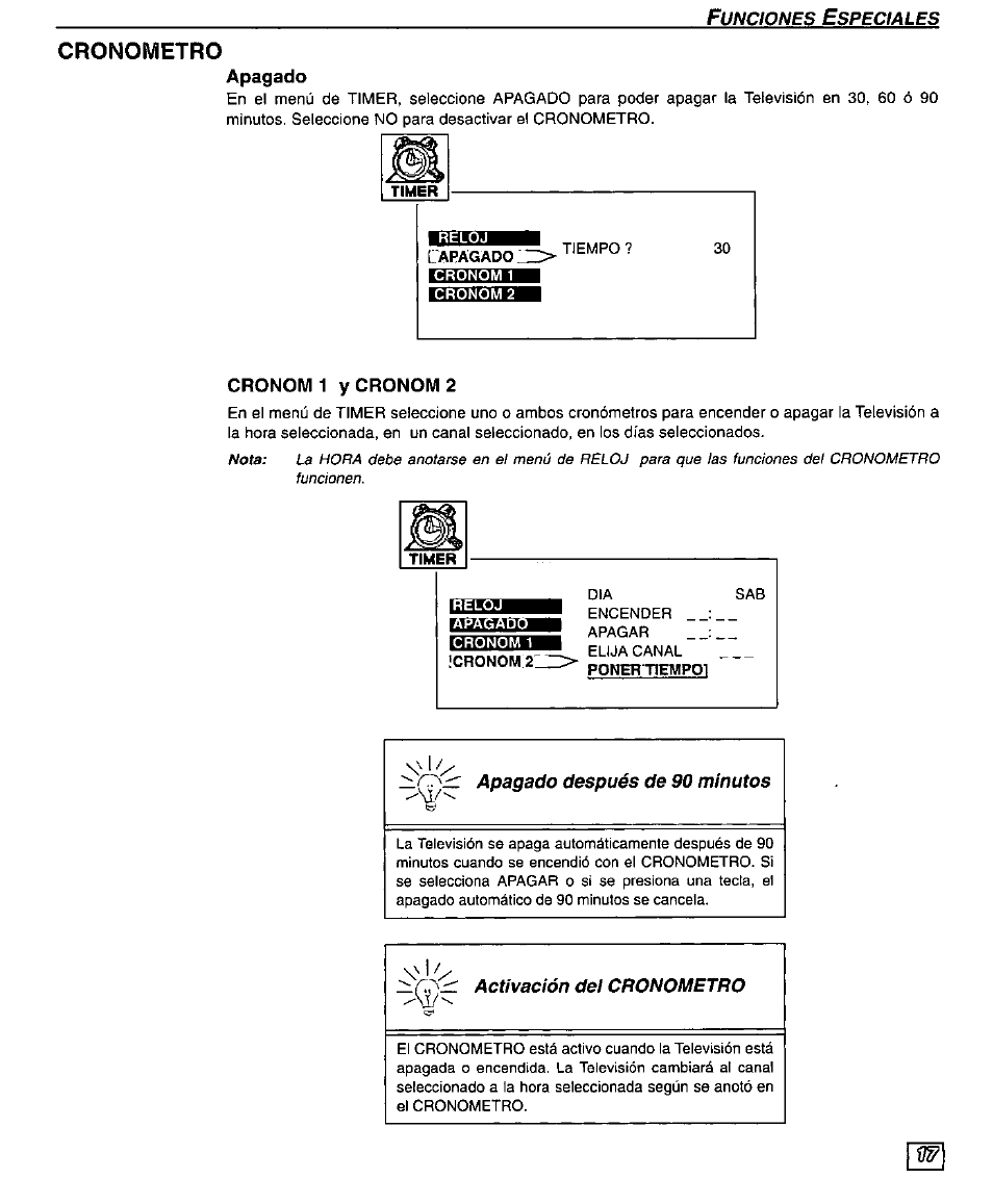 Cronometro, Apagado, Cronom 1 ycronom2 | Panasonic PT 51SX60 User Manual | Page 43 / 48