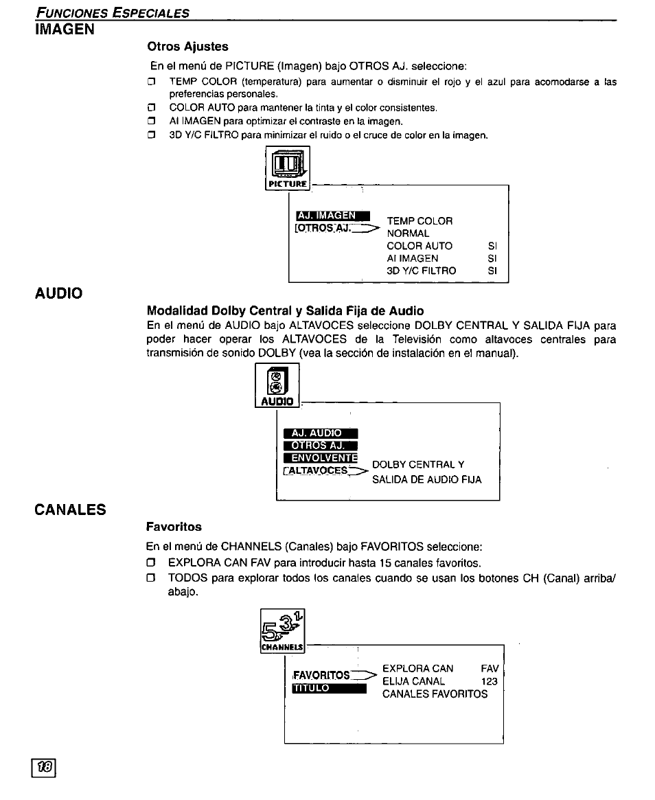 Imagen, Audio, Canales | Otros ajustes, Modalidad dolby central y salida fija de audio, Favoritos, Imagen audio canales | Panasonic PT 51SX60 User Manual | Page 44 / 48