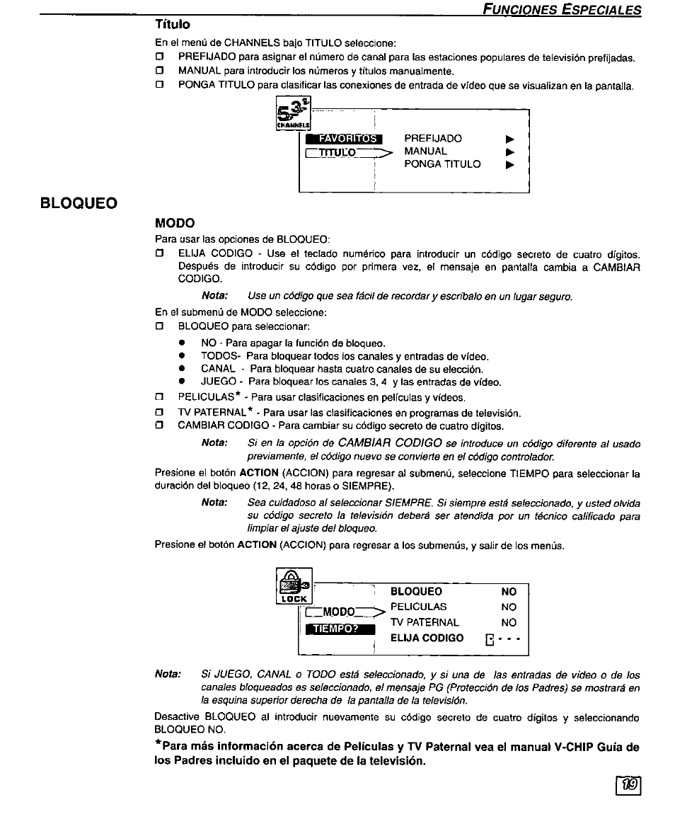 Título, Bloqueo, Modo | Panasonic PT 51SX60 User Manual | Page 45 / 48