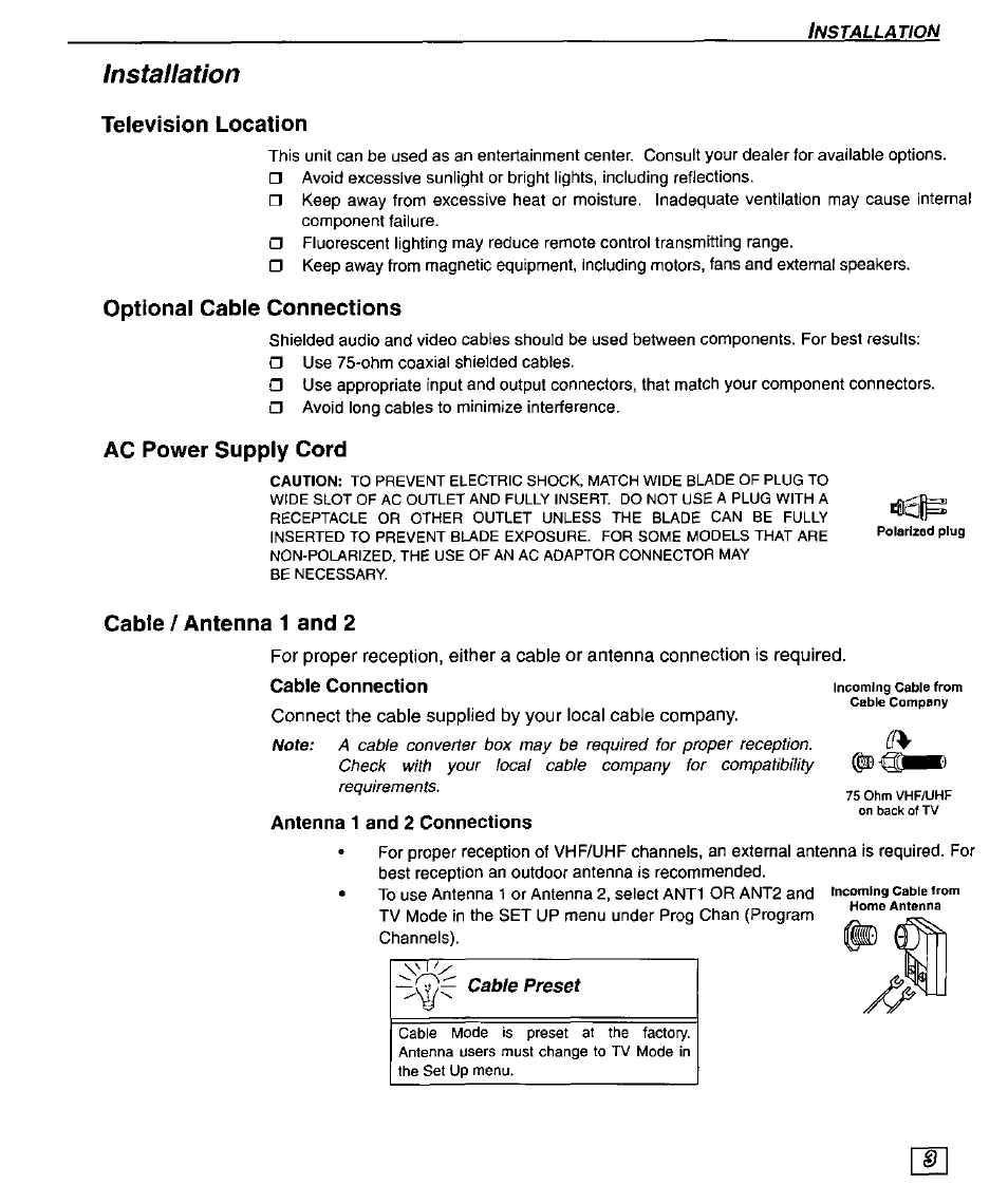 Television location, Optional cable connections, Ac power supply cord | Cable / antenna 1 and 2, Antenna 1 and 2 connections, Instaliation | Panasonic PT 51SX60 User Manual | Page 5 / 48