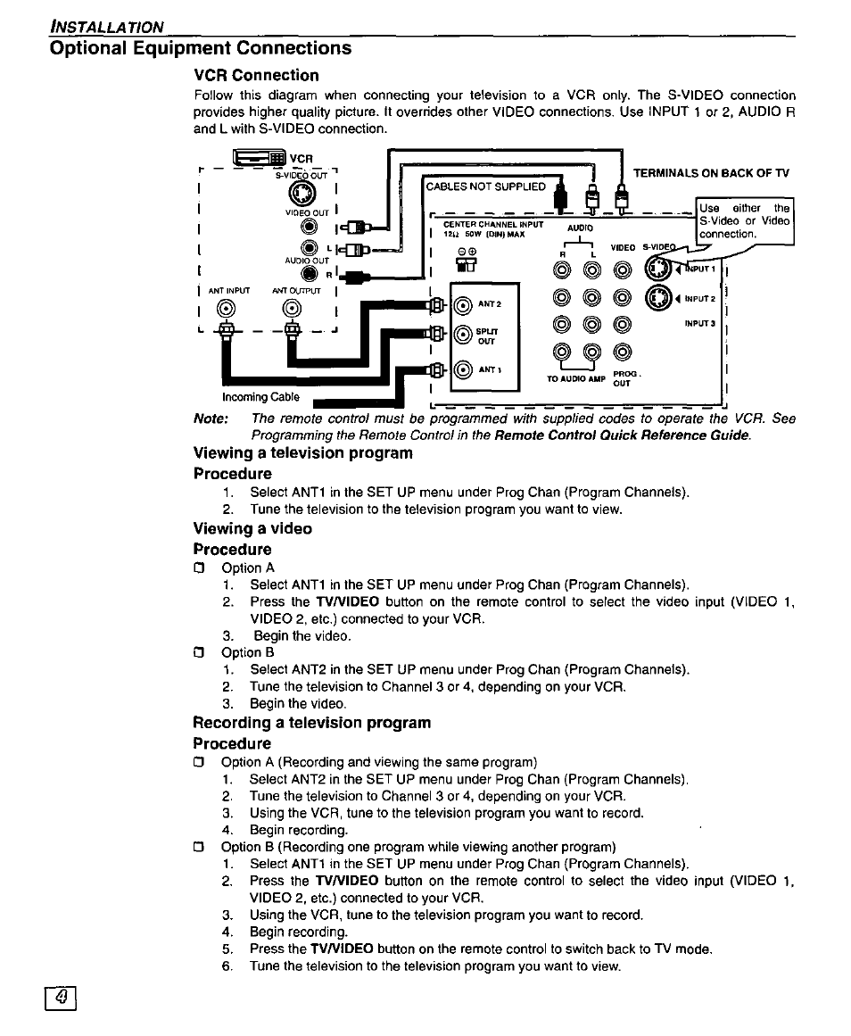 Optional equipment connections, Vcr connection, Viewing a video | Procedure, Recording a television program procedure | Panasonic PT 51SX60 User Manual | Page 6 / 48