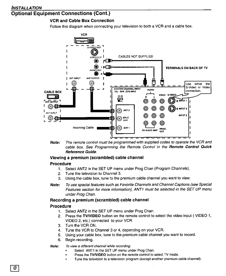 Optional equipment connections (cont.), Vcr and cable box connection | Panasonic PT 51SX60 User Manual | Page 8 / 48