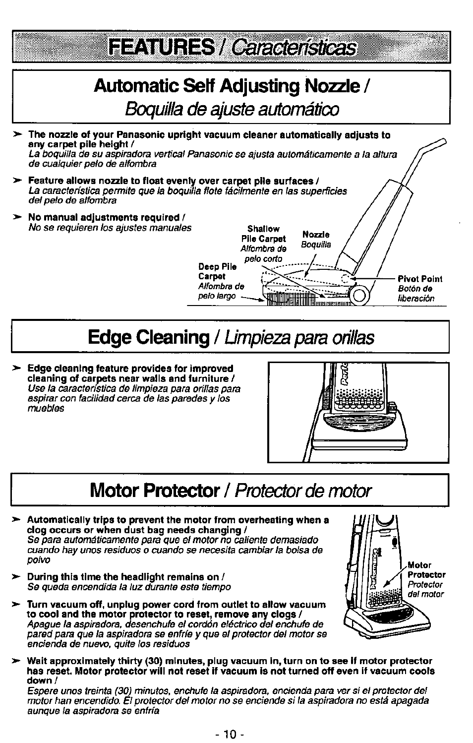 Eeatuies, Automatic self adjusting nozzle, Boquilla de a¡uste automático | Panasonic QUICKDRAW MC-V7367 User Manual | Page 10 / 28