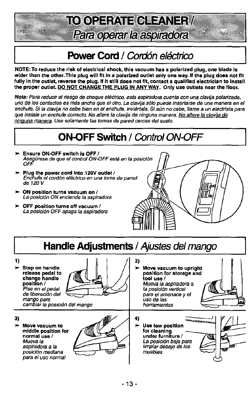 Power cord / cordón eléctricx), On-off switch / control on-off, Handle adjustments / /fustes del mango | Im qper^tetsiei^er | Panasonic QUICKDRAW MC-V7367 User Manual | Page 13 / 28