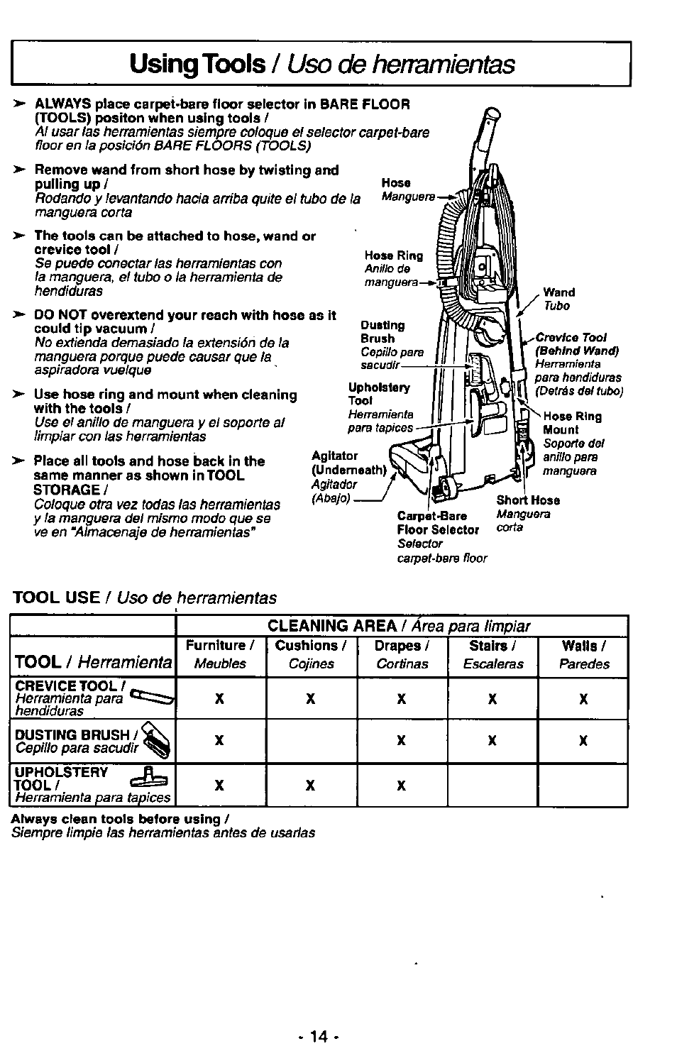 Using tools / uso de herramientas, Tool use / uso de herramientas, Área para limpiar tool | Herramienta | Panasonic QUICKDRAW MC-V7367 User Manual | Page 14 / 28