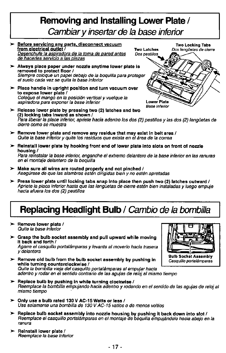 Replacing headlight bulb / cambio de ia bombala | Panasonic QUICKDRAW MC-V7367 User Manual | Page 17 / 28