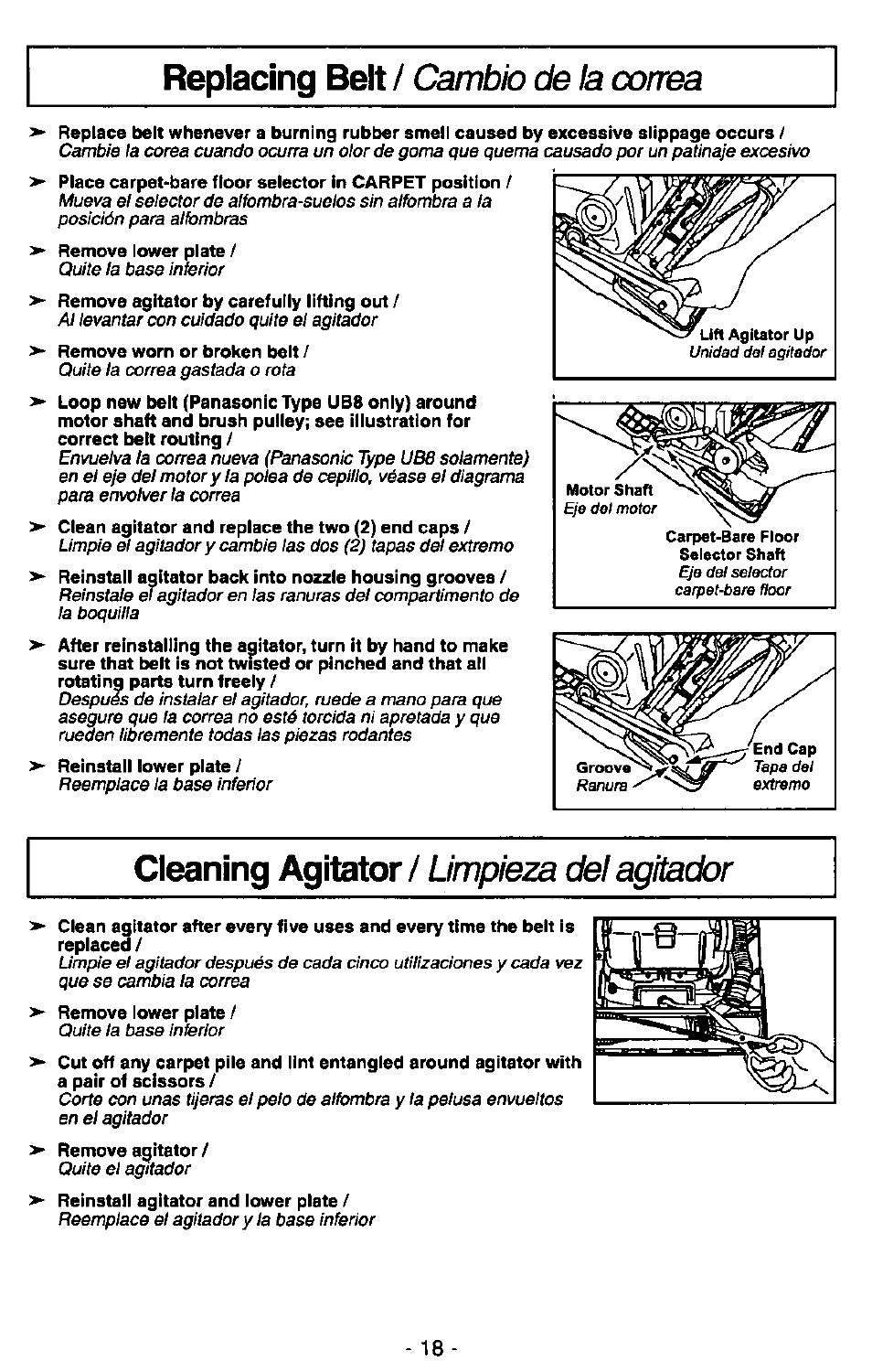 Replacing belt / cambio de la correa, Cleaning agitator / limpieza del agitador | Panasonic QUICKDRAW MC-V7367 User Manual | Page 18 / 28