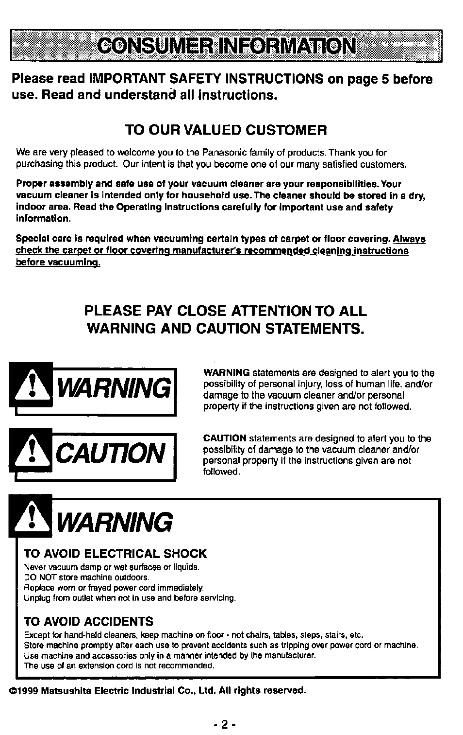 To our valued customer, Warning, Caution | Panasonic QUICKDRAW MC-V7367 User Manual | Page 2 / 28