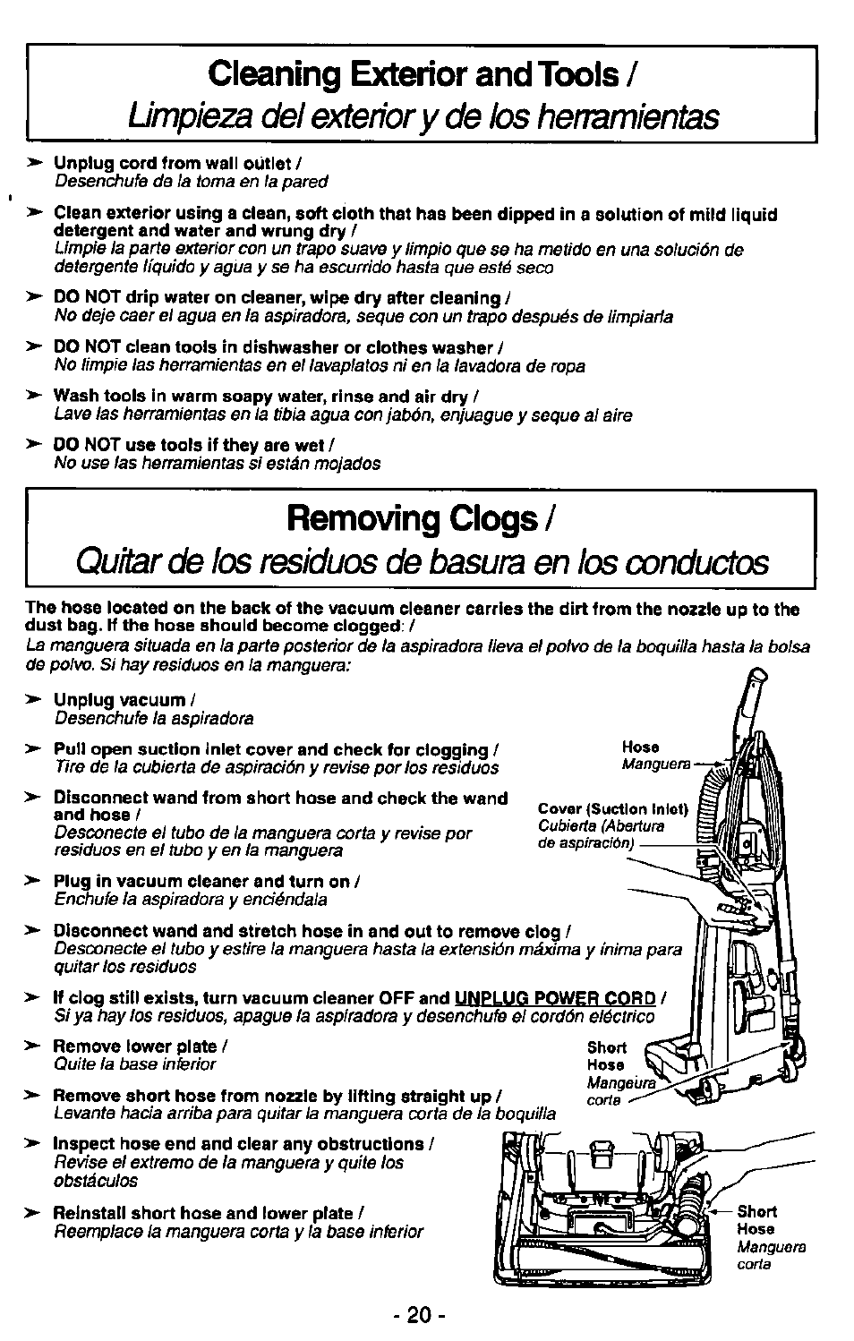 Cleaning exterior and tools, Urrpieza del exterior y de los hermmienlas | Panasonic QUICKDRAW MC-V7367 User Manual | Page 20 / 28