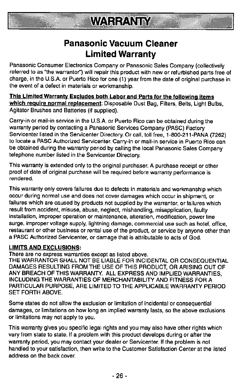 Panasonic vacuum cleaner limited warranty, Warrahrrv | Panasonic QUICKDRAW MC-V7367 User Manual | Page 26 / 28