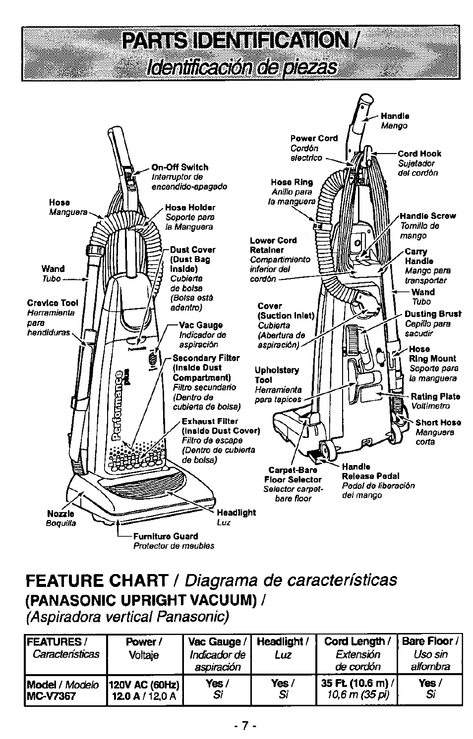 Panasonic upright vacuum), Feature chart, Diagrama de características | Aspiradora vertical panasonic), Características, Modelo | Panasonic QUICKDRAW MC-V7367 User Manual | Page 7 / 28