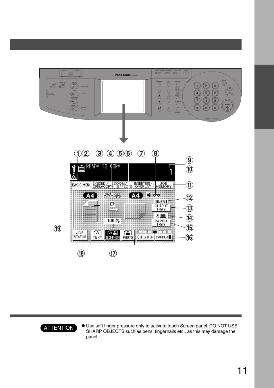 Touch panel display, Control panel touch panel display, Attention | Bef ore operating | Panasonic DP-2500 User Manual | Page 11 / 73