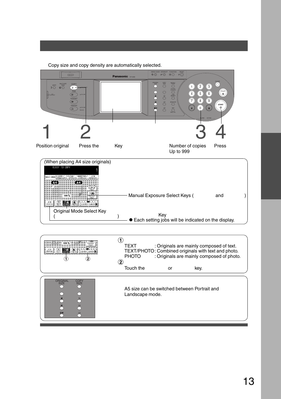 Basic menu, Full size copying, When copying the same size as the original (1:1) | Initial screen, Select the original size, Select the original(s), Select exposure control, Making copies | Panasonic DP-2500 User Manual | Page 13 / 73