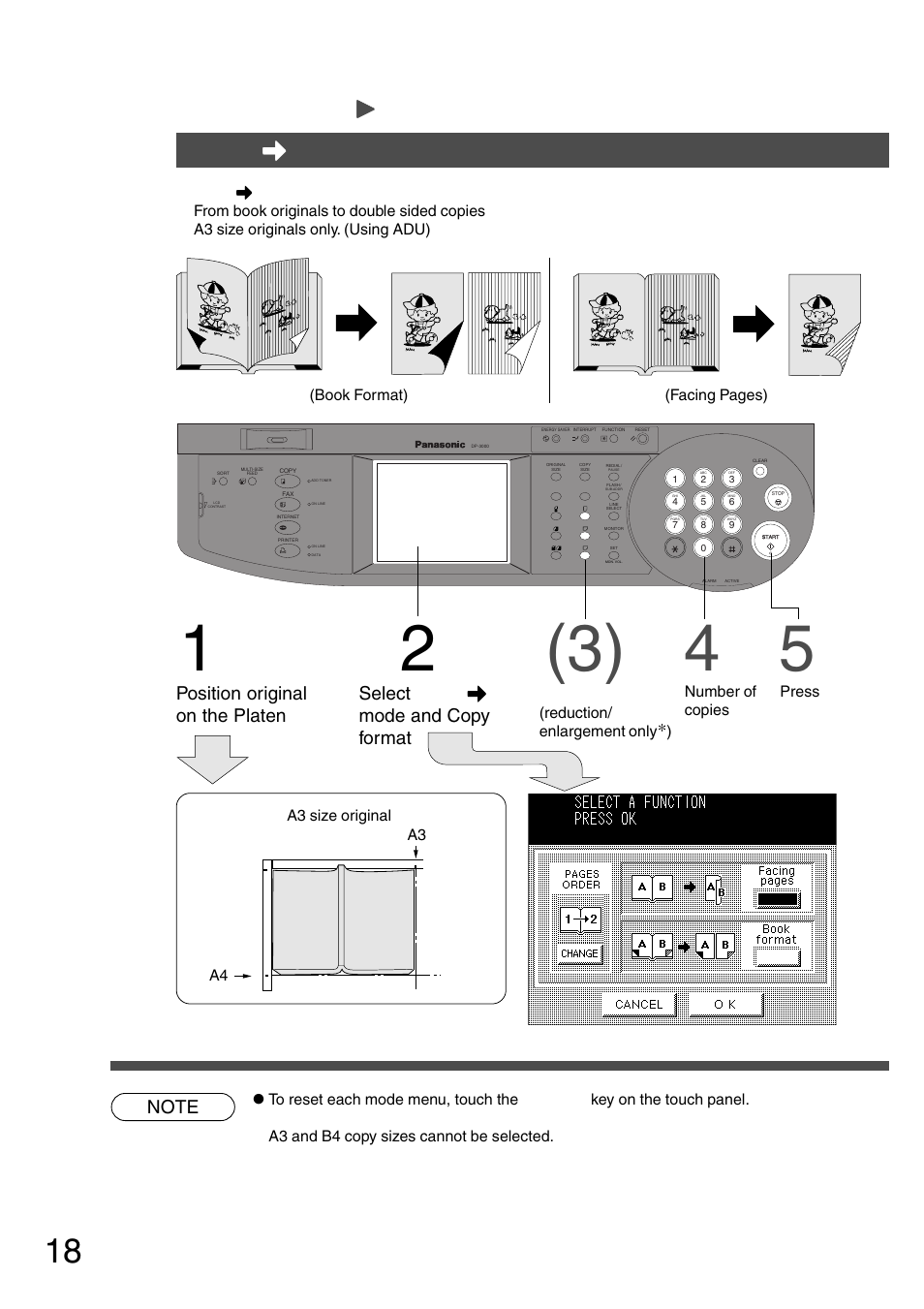 Book \ 2 copy, Book, 2 copy | Book \ \ \ \ \ 2 copy, Position original on the platen, Select book \ \ \ \ \ 2 mode and copy format | Panasonic DP-2500 User Manual | Page 18 / 73