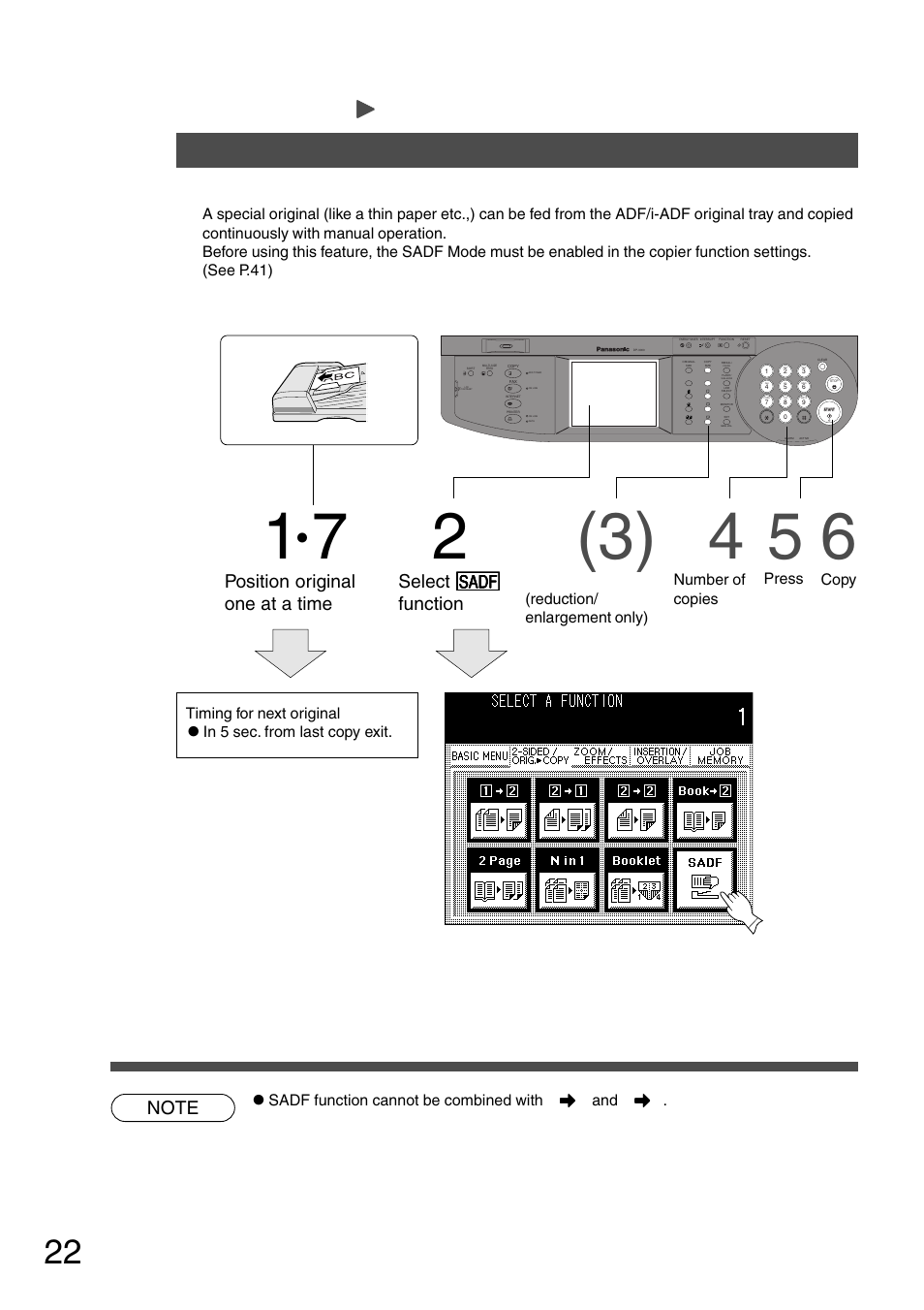 Sadf mode, Sadf (single automatic document feeder) function, Procedure | Position original one at a time, Select [ [ [ [ [ function | Panasonic DP-2500 User Manual | Page 22 / 73