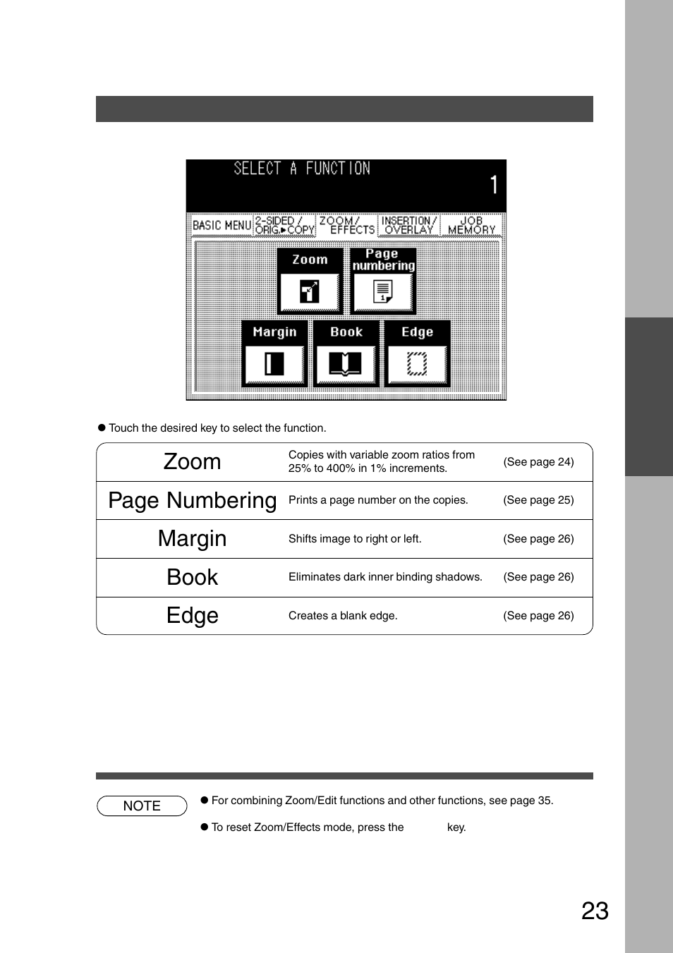 Zoom/effects, When touching zoom/effects key, Zoom | Page numbering, Margin, Book, Edge | Panasonic DP-2500 User Manual | Page 23 / 73