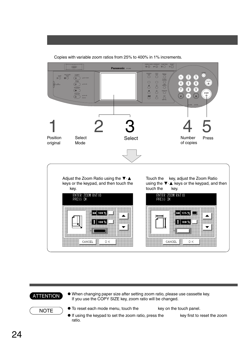 Zoom copying, Zoom/effects, Zoom | Select zoom ratio | Panasonic DP-2500 User Manual | Page 24 / 73