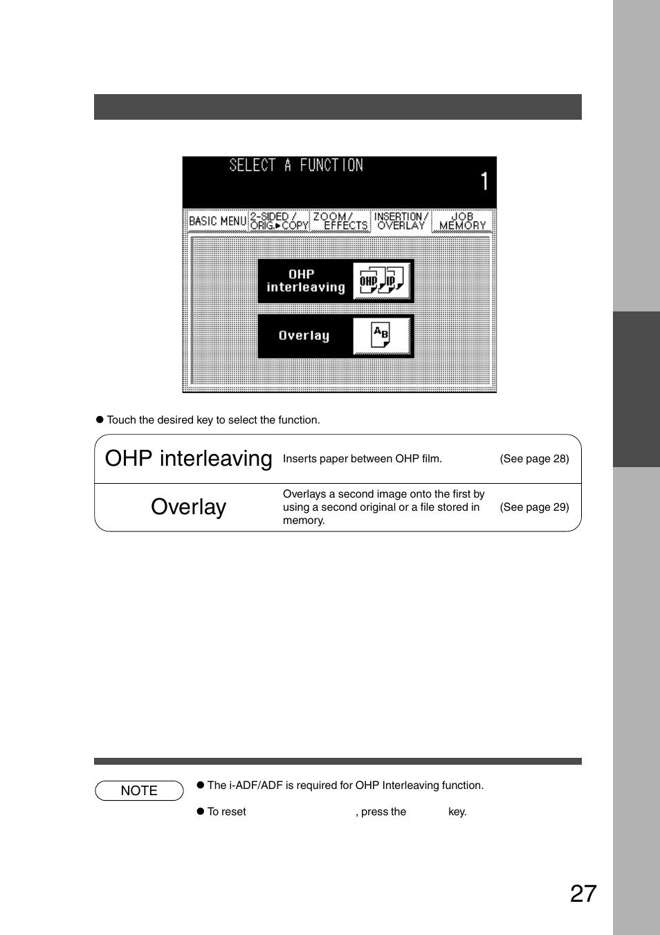 Insertion/overlay, Insertion/overlay key, Ohp interleaving | Overlay | Panasonic DP-2500 User Manual | Page 27 / 73