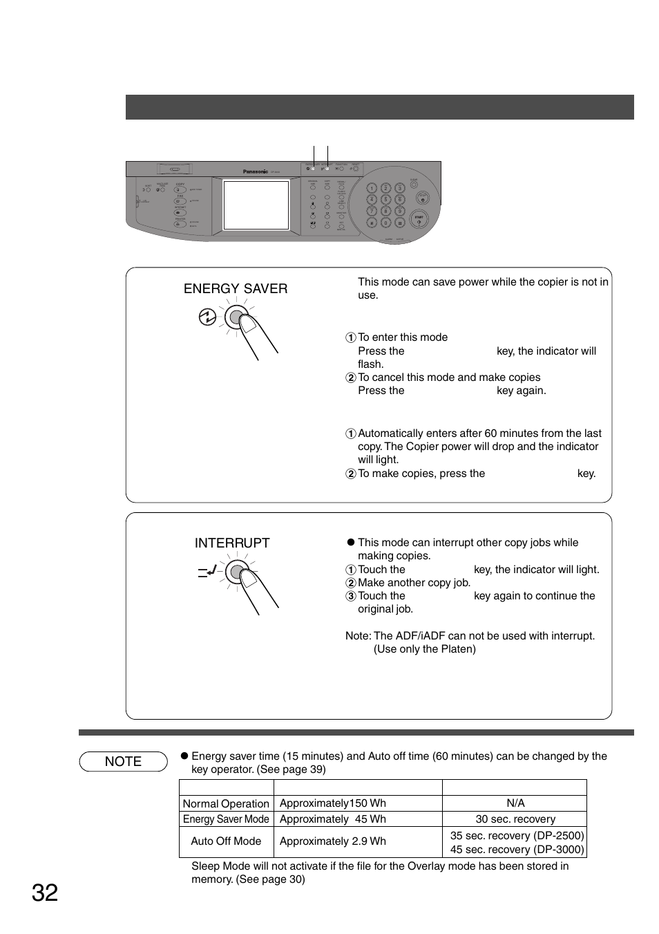 Other features, Energy saver/interrupt, Energy saver mode | Auto off mode, Interrupt mode, Energy saver interrupt, Energy saver key interrupt key | Panasonic DP-2500 User Manual | Page 32 / 73