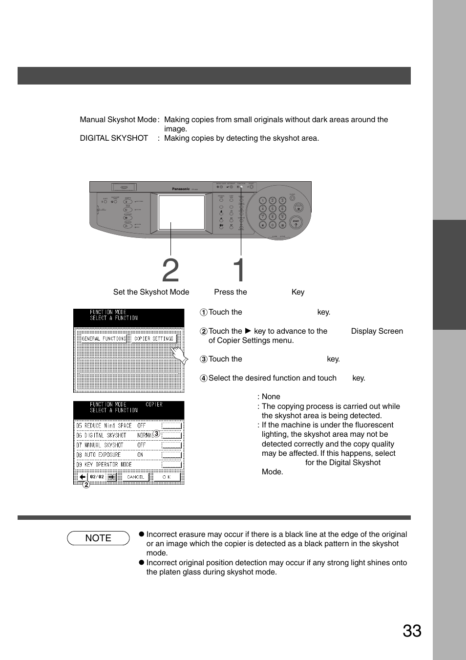 Manual skyshot mode/digital skyshot mode, Making copies, Setting the skyshot mode | Set the skyshot mode | Panasonic DP-2500 User Manual | Page 33 / 73