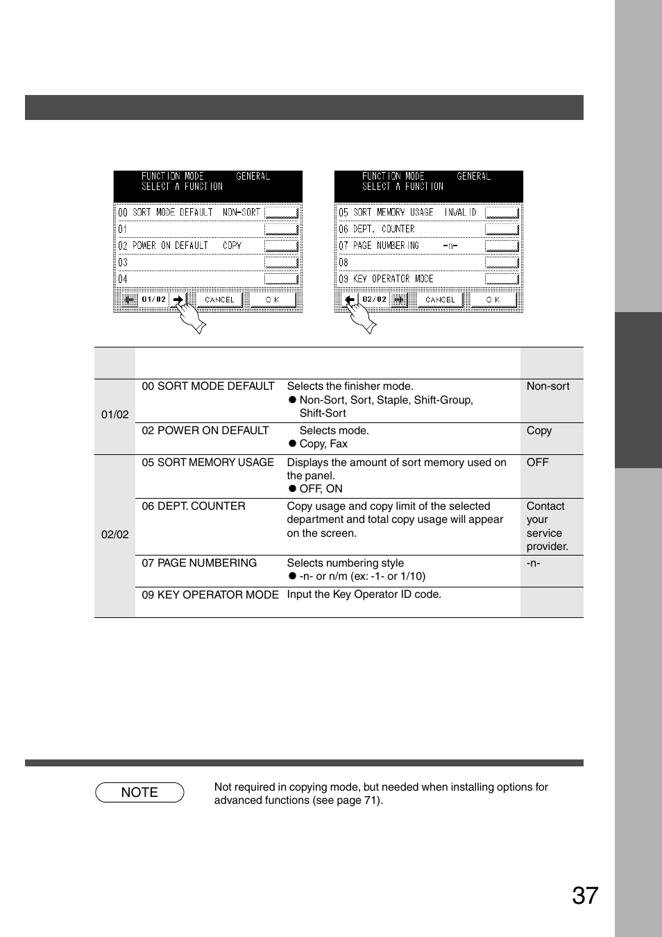 General functions, Function | Panasonic DP-2500 User Manual | Page 37 / 73
