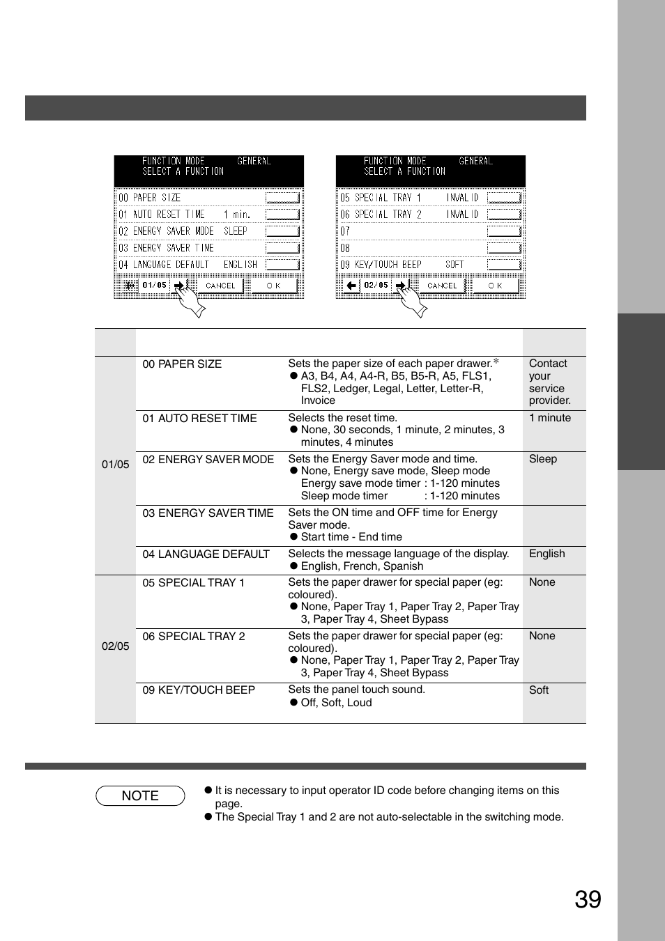 General functions for key operator, Function general functions for key operator | Panasonic DP-2500 User Manual | Page 39 / 73