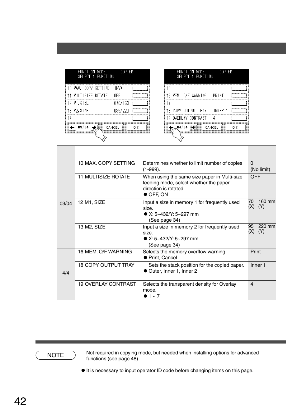 Copier settings for key operator, Function | Panasonic DP-2500 User Manual | Page 42 / 73