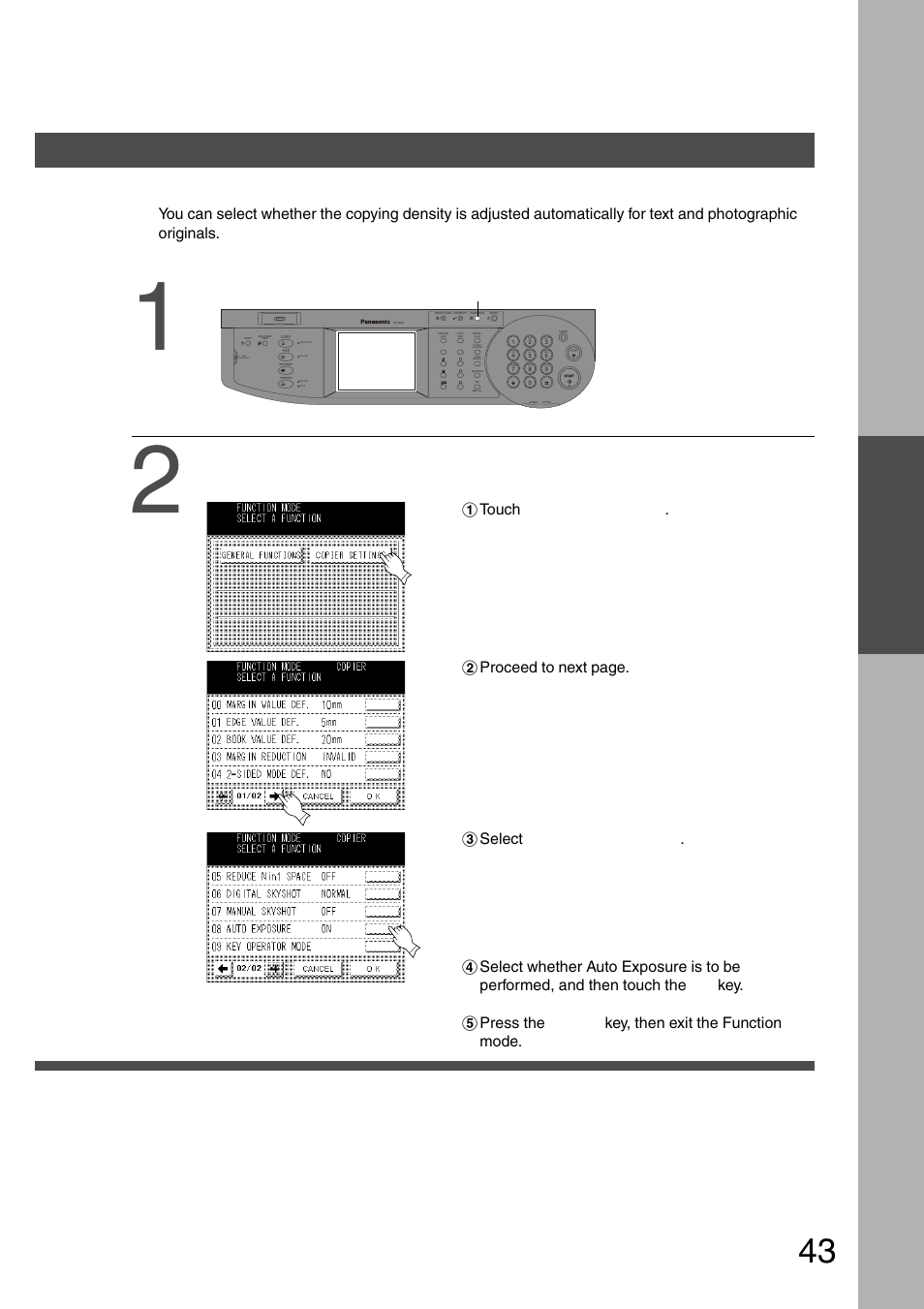 Function setting, Function, Making copies | Changing the auto exposure setting, Press the function key, Proceed according to screen order, Touch copier settings | Panasonic DP-2500 User Manual | Page 43 / 73