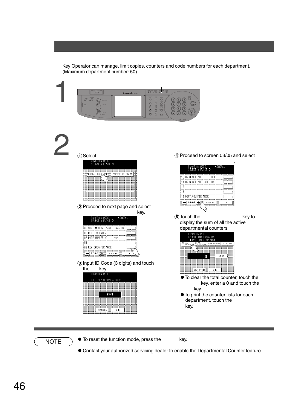 Function setting for key operator, Function, Departmental counter | Press the function key, Proceed according to screen order | Panasonic DP-2500 User Manual | Page 46 / 73