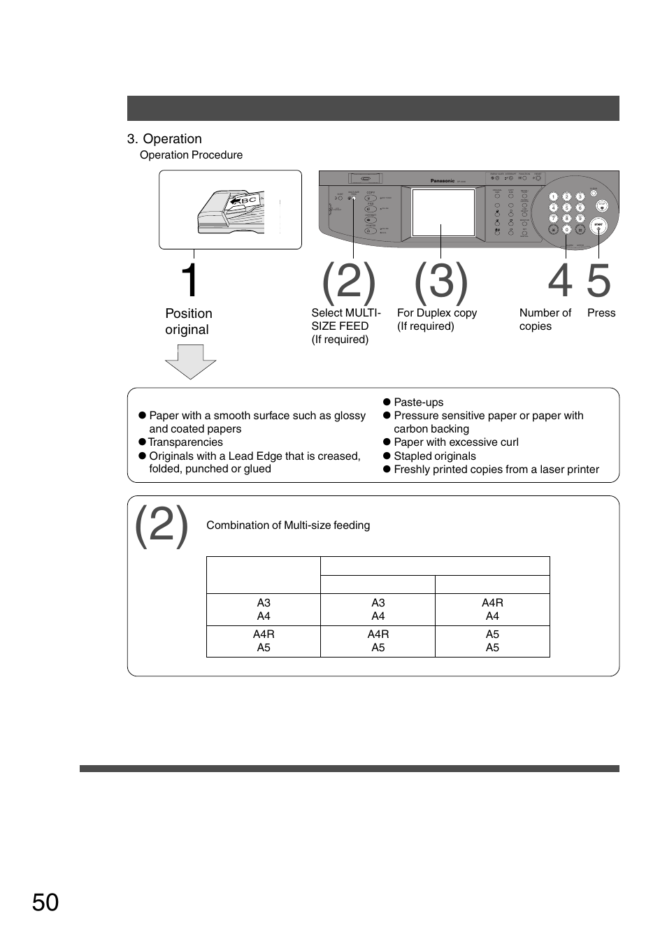 Automatic document feeder, Options, Position original | Operation, For duplex copy (if required), Number of copies, Select multi- size feed (if required), Operation procedure adf/i-adf face-up | Panasonic DP-2500 User Manual | Page 50 / 73