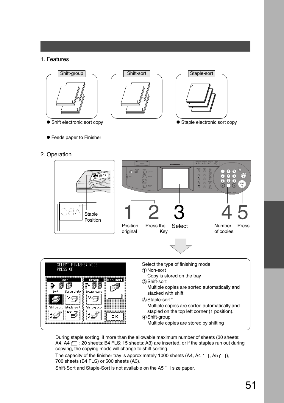 Finisher/exit guide unit, Options finisher/exit guide unit, Features | Options, Operation, Select finisher mode, Da-fs200 (finisher), Adf/i-adf platen face-up, Number of copies, Press start staple position | Panasonic DP-2500 User Manual | Page 51 / 73