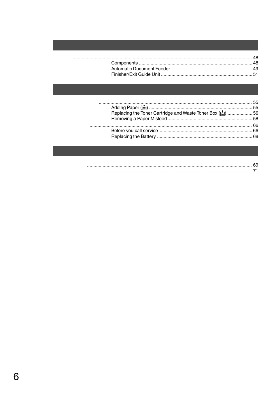 Options, Printer cannot print, Others | Table of contents options | Panasonic DP-2500 User Manual | Page 6 / 73