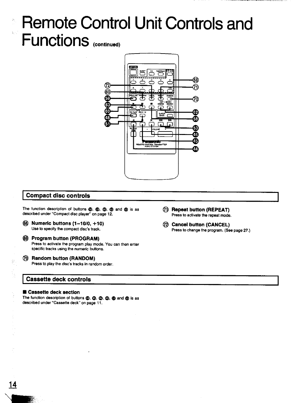 Cassette deck section, Remote control unit controls and functions | Panasonic SC-CH11 User Manual | Page 13 / 51