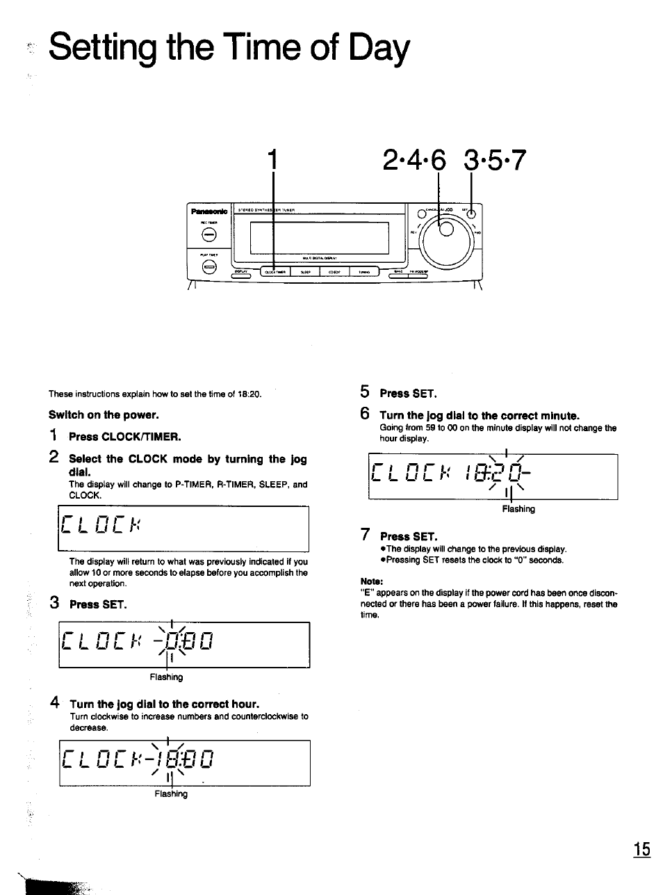 Setting the time of day, Switch on the power, 1 press clockh'imer | 2 select the clock mode by turning the jog dial, 3 press set, 4 turn the jog dial to the correct hour, 5 press set, 6 turn the jog dial to the correct minute, 7 press set, Dial | Panasonic SC-CH11 User Manual | Page 14 / 51