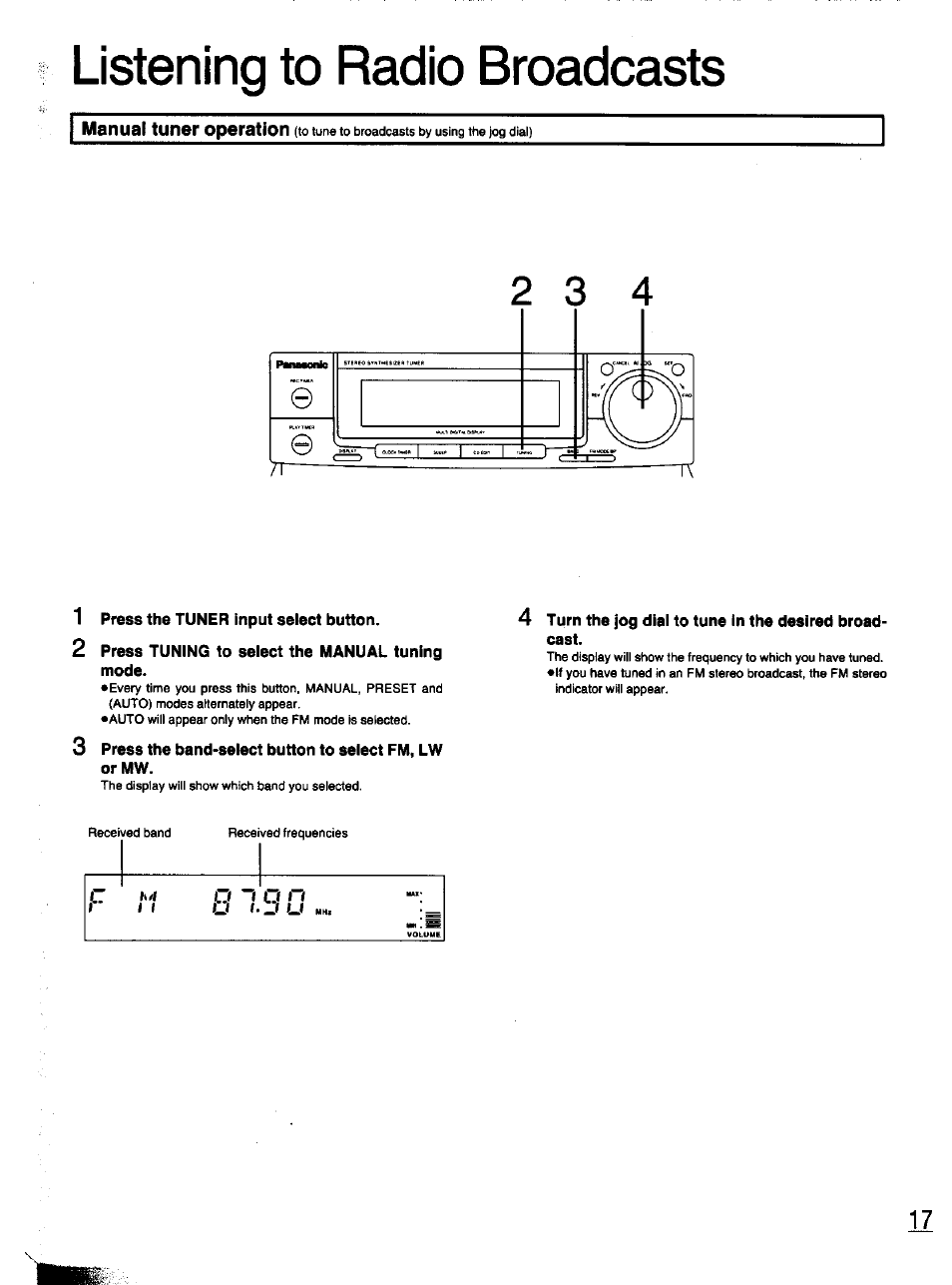 1 press the tuner input select button, 2 press tuning to select the manual tuning mode, Listening to radio broadcasts | Panasonic SC-CH11 User Manual | Page 16 / 51