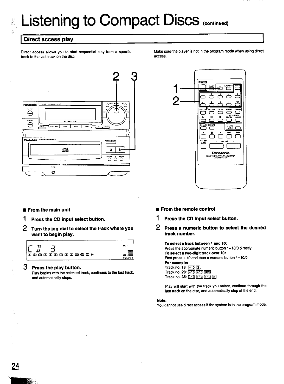 Direct access play, From the main unit, 1 press the cd input select button | 3 press the play button, From the remote control, Listening to compact discs, Continued) | Panasonic SC-CH11 User Manual | Page 23 / 51